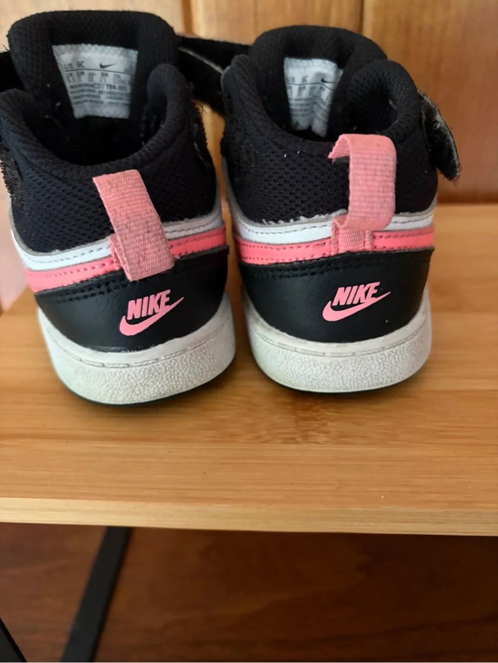 Nike Kids Sz 6C Black White Pink Mid-Top Sneakers. Velcro Straps. Baby Girl.